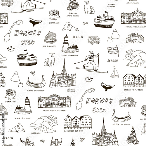 Norway Oslo architecture objects, travel vector illustrations set 