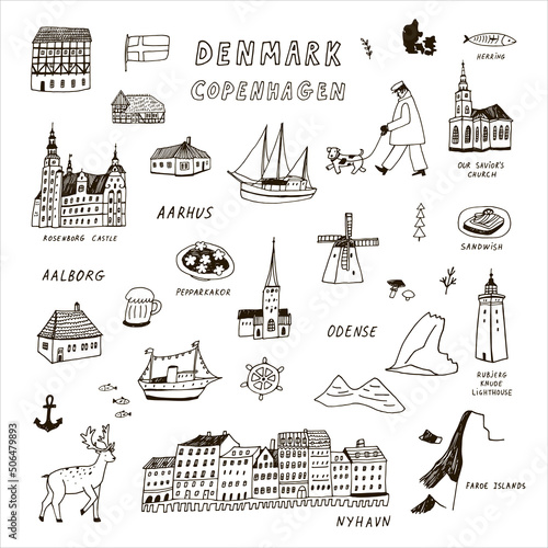 Denmark Copenhagen architecture objects, travel vector illustrations line set 