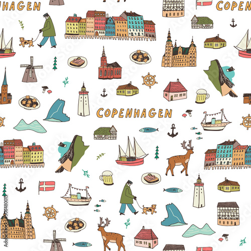 Denmark Copenhagen architecture objects, travel vector seamless pattern