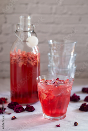 Wallpaper Mural glass of rose Kombucha with iced on white table ,fermented tea drink, healthy beverage. Torontodigital.ca