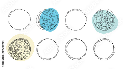Doodle circles. Hand drawn black shapes, decorative frames collection, line scribble forms for decor, sketch style elements. Abstract pencil or pen graffiti bubble, vector isolated set