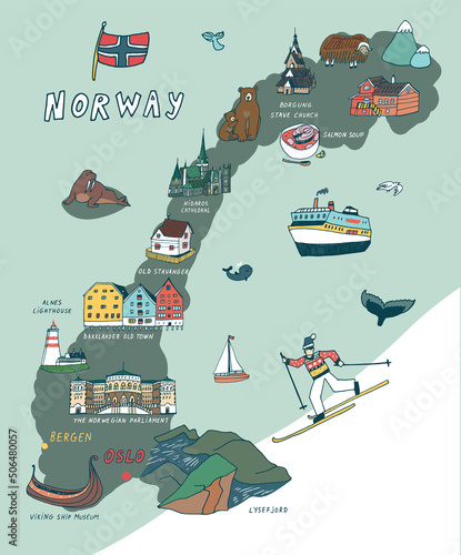 Norway Oslo map architecture objects, travel vector illustrations set 