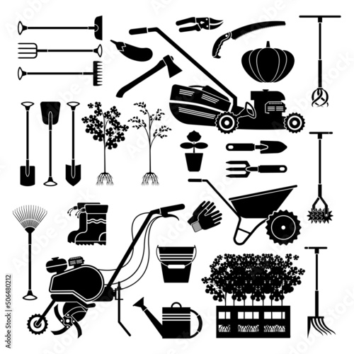 Garden items. Household agriculture equipment collection. Sprinkler and rake. Flowerpot with seedlings and grass. Hoe and wheelbarrow. Lawn mower. Vector gardening tools silhouette set