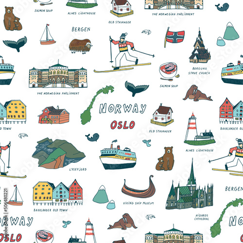 Norway Oslo architecture objects, travel vector illustrations set 
