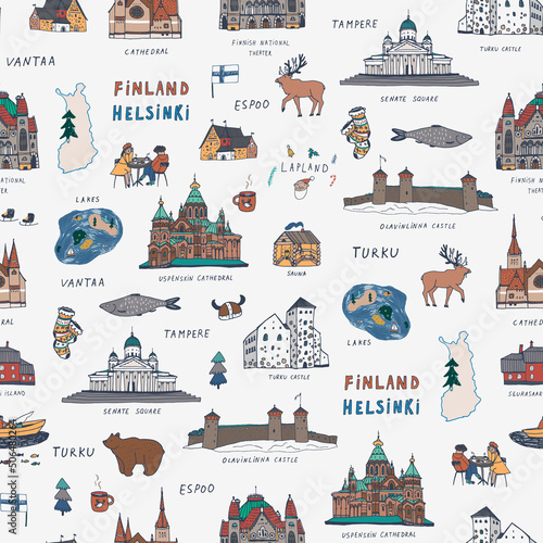Finland Helsinki architecture objects, travel vector seamless pattern
