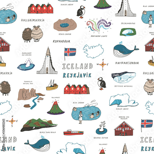Iceland, Reykjavik architecture objects, travel vector illustrations set 