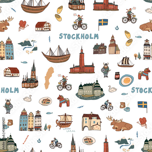 Fototapeta Naklejka Na Ścianę i Meble -  Sweden Stockholm travel objects, architecture, landmark vector seamless pattern