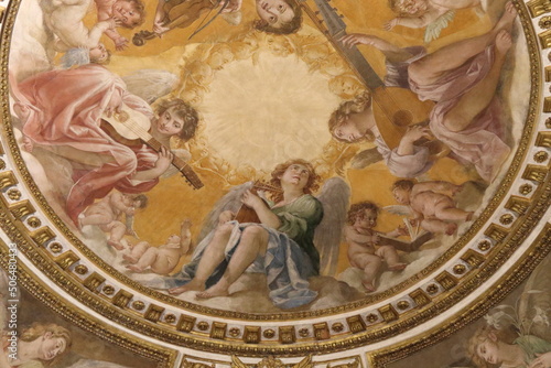 Santa Maria Maggiore Basilica Painted Ceiling Close Up Depicting Angels Playing Musical Instruments in Rome, Italy