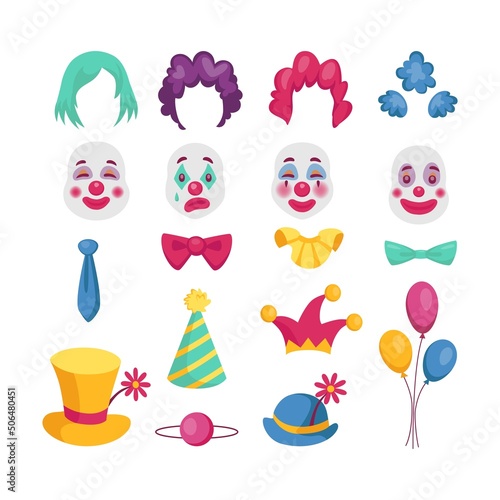 Clown mask. Circus costume with wig, hair and hat. Funny nose. Jesters ties. Holiday balloons. Joker icon. Cap for birthday party. Color hairstyles. Buffoon faces. Vector elements set