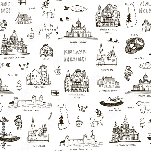 Finland Helsinki architecture objects, travel vector seamless pattern