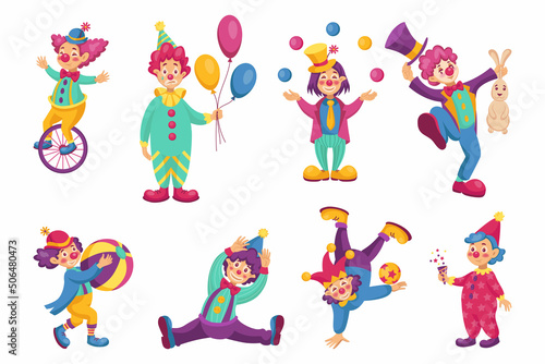 Circus clown. Carnival characters. Juggling man with joker face and bright costume. Mime or jester performance. Festival artists show tricks with ball and wheel. Vector illustration set