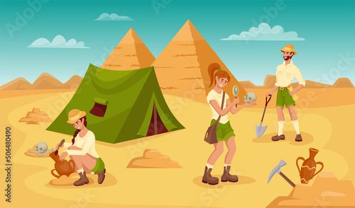 Archeology background. Education dig with history and paleontology characters. Archaeologists searching artifacts. Explorers finding bones. Excavations in Egypt. Vector illustration