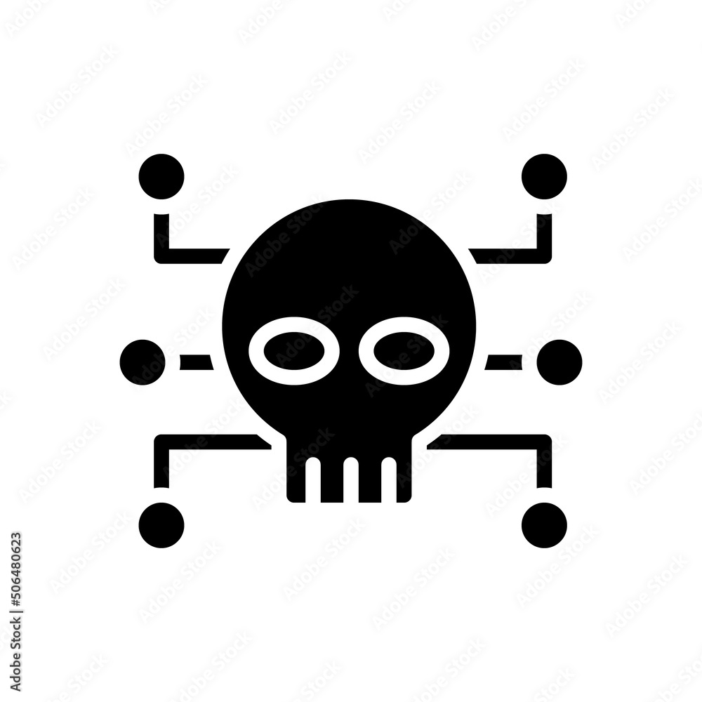 Cybercrime black glyph icon. Criminal and illegal activity. Malicious computer network attack. Fraud and scam. Silhouette symbol on white space. Solid pictogram. Vector isolated illustration Cybercrime black glyph icon. Criminal and illegal activity. Malicious computer network attack. Fraud and scam. Silhouette symbol on white space. Solid pictogram. Vector isolated illustration