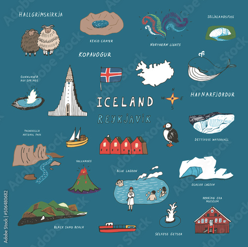 Iceland, Reykjavik architecture objects, travel vector illustrations set 