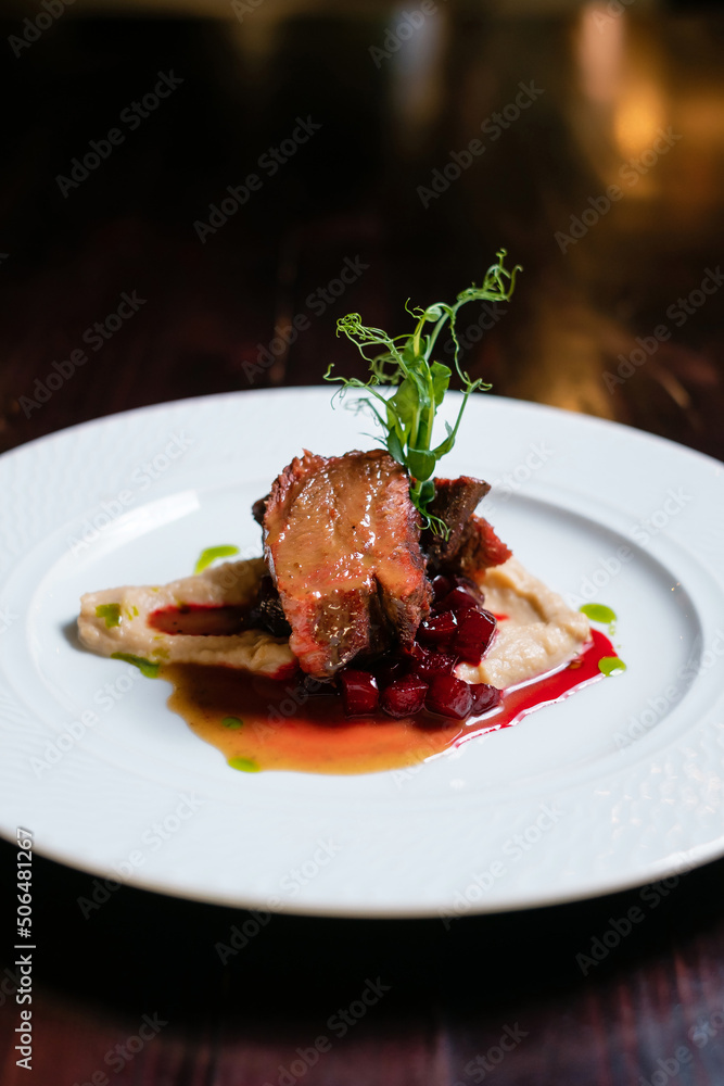 Meat baked with sauce. Restaurant menu design concept. Meat baked with sauce. Restaurant menu design concept.