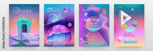 Abstract gradient posters. Concept banner with fancy galaxy and technology. Cosmos backdrop. Hologram colors futuristic creative contemporary minimal backdrop. Vector planetary flight cards