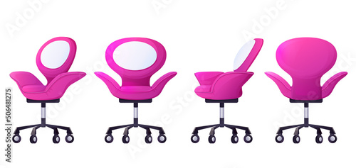Office chairs. Pink armchair with wheels. Back front and side view of seats. Modern furniture for boss home company workplace. Ergonomic comfortable stools. Vector illustration set