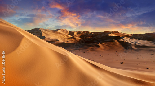 Leinwand Poster Panorama of sand dunes Sahara Desert at sunset