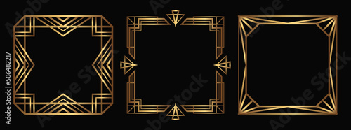 Vector gold frames collection. Isolated Art Deco outline borders with empty space. Line art fancy template