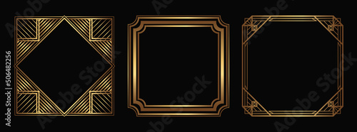 Vector gold frames collection. Isolated Art Deco outline borders with empty space. Line art fancy template