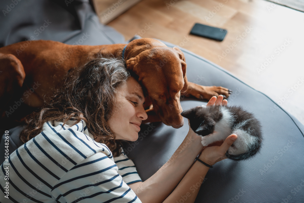 Portrait of a young woman with a Hungarian Pointer dog and a small kitten in her arms lying at home in a room on a bag chair