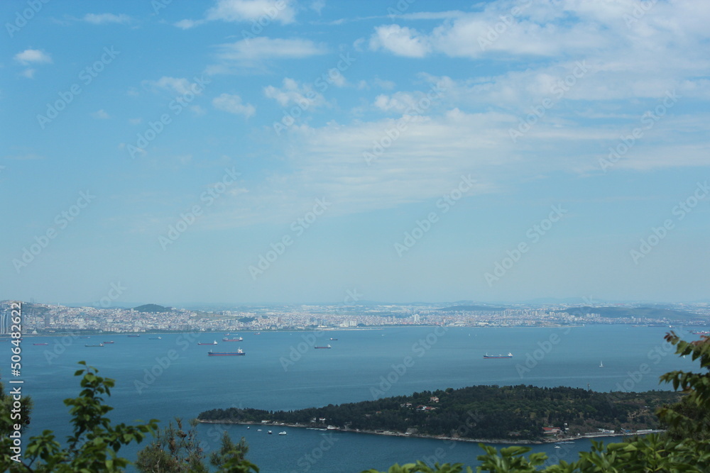 Istanbul Islands, island landscapes, seagulls, cargo ships and sailboats in the sea, black-winged seagulls soaring from the sky, Adalar Istanbul Turkey