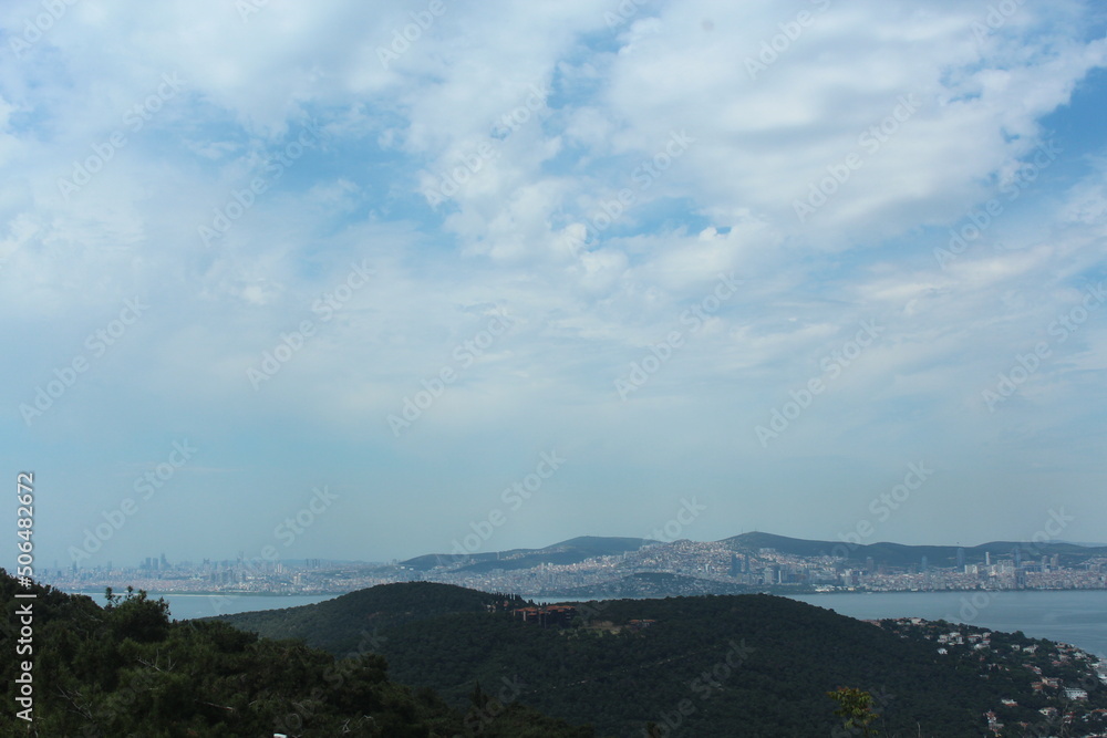 Istanbul Islands, island landscapes, seagulls, cargo ships and sailboats in the sea, black-winged seagulls soaring from the sky, Adalar Istanbul Turkey