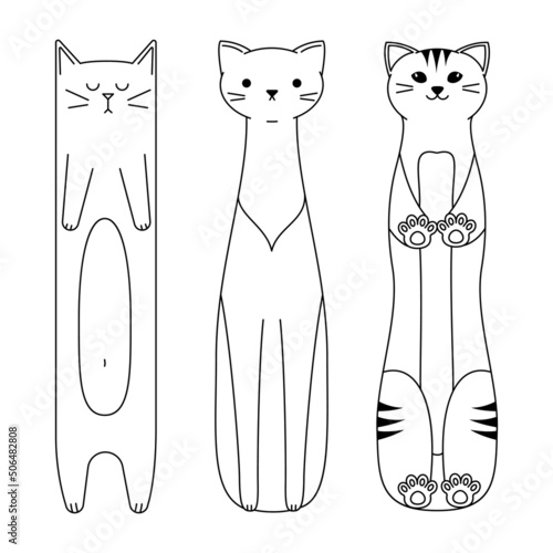 Vector linear cartoon cats on white background. Cute pets set for coloring.