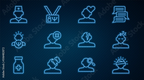 Set line Concussion, headache, Dreams, Broken heart or divorce, Solution problem in psychology, Psychology, Male doctor, and icon. Vector