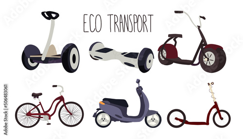 eco and electro transport set: kick e scooter, moped, bicycle, hover board