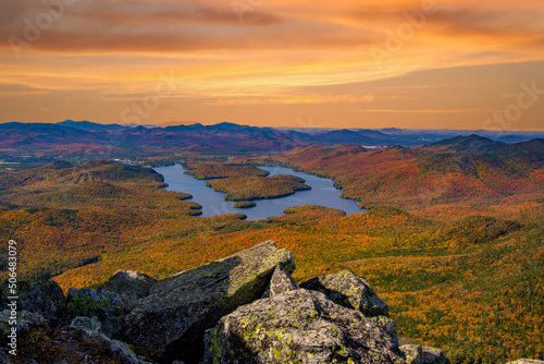 A view of Lake Placid on a sunny autumn day as seen by looking south west from the summit of Whiteface Mountain in Adirondack National Park, Upper New York photo