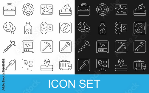 Set line Mining dump truck, Wrench spanner, Compass, Topographic map, Ore mining, Global planet with bulb, Briefcase and Barrel oil icon. Vector
