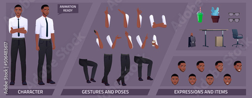 Stylized Business Characters Set for Animation with Black Man and Some Body Parts and Office Items