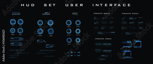 Set modern dialog HUD interface elements. Streaming panel with screens, dialogue callouts, pointer arrows. Modern digital panel for pc. Holographic elements for the HUD interface