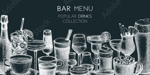 Hand-sketched drinks banner design. Vector sketches of popular beverages in elegant glasses. Popular drinks vintage hand-drawings. Bar or restaurant menu template isolated on chalkboard