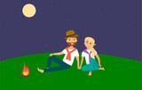 Picnic or date in evening couple food Romantic  night Night camping jpeg image illustration. Cartoon flat happy couple campers people sitting at campfire together, singing song mountain nature landsca
