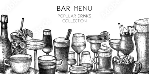 Hand-sketched drinks background. Vector banner with popular beverages in elegant glasses. Popular drinks vintage hand-drawings. Bar or restaurant menu template in sketched style.