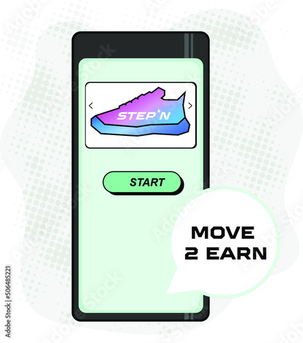 Smartphone with virtual shoes, text move 2 earn and button start