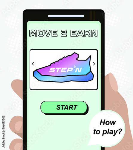 Smartphone with virtual shoes, text move 2 earn and button start