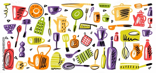 Vector collection of Scandinavian-style kitchen utensils, crockery and cutlery, hand-drawn.
