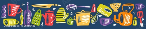 Vector collection of Scandinavian-style kitchen utensils, crockery and cutlery, hand-drawn.
