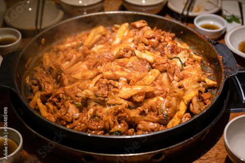 Dakgalbi barbeque chicken with vegetable mixed in pan