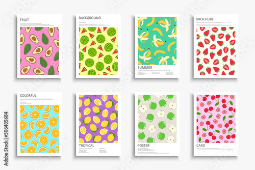 Collection of colorful summer posters, templates, backgrounds placards, brochures, banners, flyers and etc. Bright fruits covers. Vibrant tropical prints