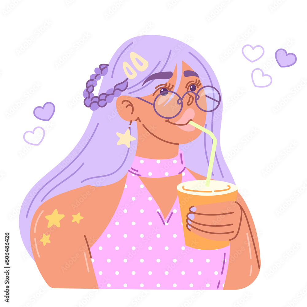 Cool girl with purple hair. Cute character drinks soda. Vector artwork isolated on white background. Cool girl with purple hair. Cute character drinks soda. Vector artwork isolated on white background.