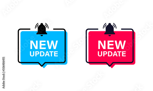 new update label banner in speech bubble with notification bell icon. New version pop up bubbles sign sticker, upgrade buttons frame - marketing and advertising signs