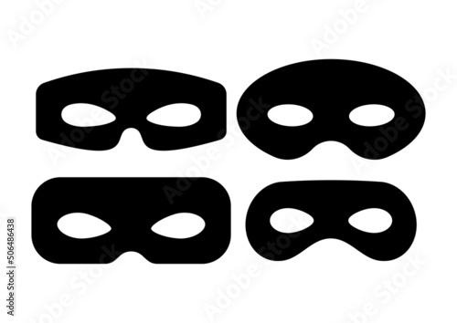 Mask superhero or carnival bandit burgar vector icon set. Black masquerade costume eye mask silhouette hidden villain scammer face. Simple design theater artist masque shape clip art illustration.