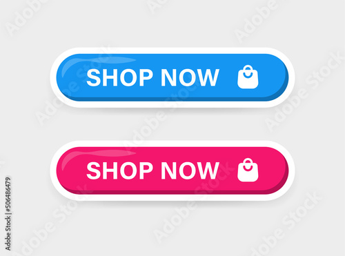 shop now button sign. buy now label banner with shopping bag icon - advertisement web buttons banners
