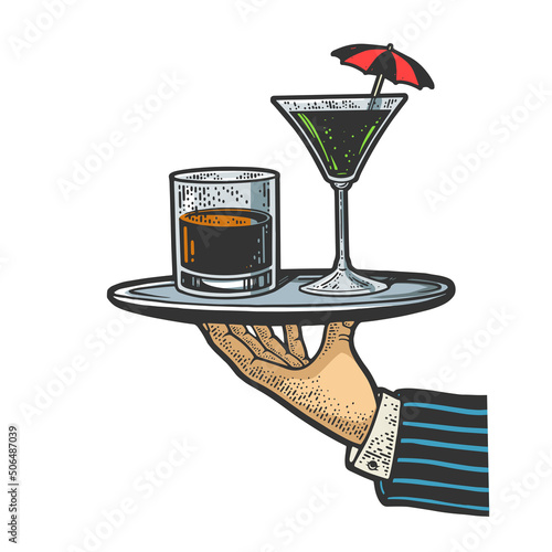 waiter with tray and alcohol drinks color sketch engraving vector illustration. T-shirt apparel print design. Scratch board imitation. Black and white hand drawn image.