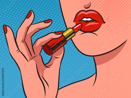 Girl paints her lips with lipstick doing makeup pop art retro vector illustration. Comic book style imitation.