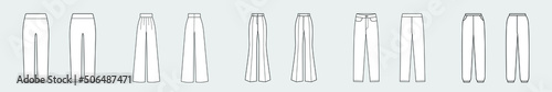 Pants, trousers, jeans. Set of female vector templates isolated on a grey background. Front and back view. Outline fashion technical sketch of clothes model.